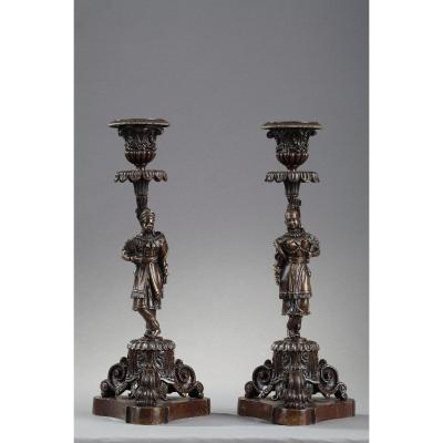 Pair Of Bronze Candlesticks In Chinese Taste