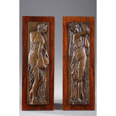 Pair Of Bas-relief, "women Carrying Water".