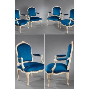 Four Peacock Blue Velvet Armchairs From The Louis XV Period
