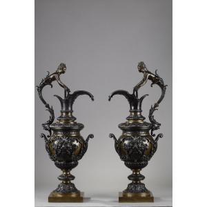 Pair Of Decorative Bronze Ewers In The Renaissance Style