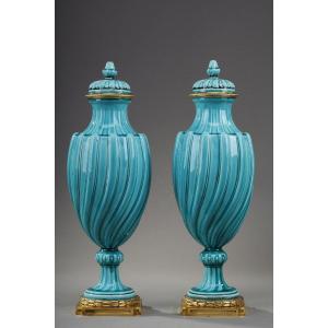 Pair Of Louis XVI Style Covered Vases In Ceramic