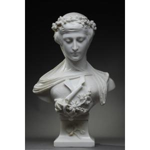 Carrara Marble Bust, Woman With Veil And Flower Crown