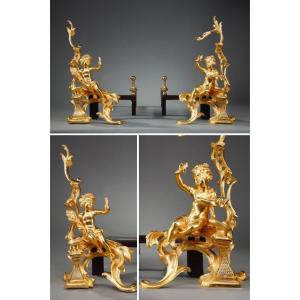 Pair Of Andirons In Gilt Bronze, Louis XV Style