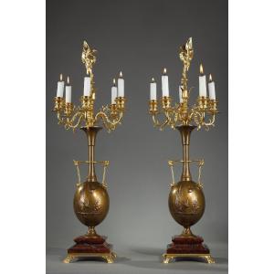 Pair Of Candelabra In Patinated Bronze And Gilt Bronze