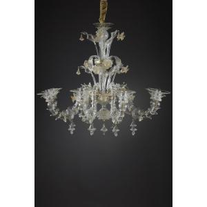 Large Murano Glass Chandelier With 8 Arms Of Light Decorated With Gold