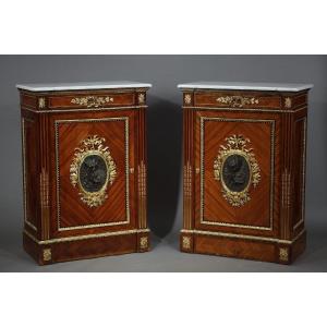 Pair Of Louis XVI Style Commodes In Inlaid Wood And Gilt Bronze