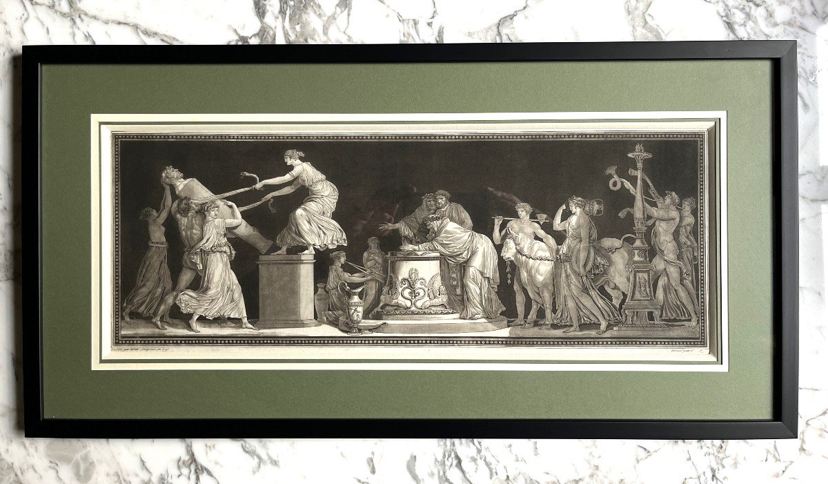 Aquatinte Néoclassique De Moitte Gravée Par Pithoud "personnages érigeant Une Statue" XVIIIème