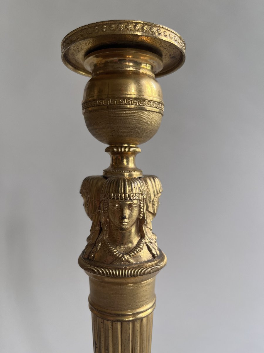 Pair Of "return From Egypt" Candlesticks In Gilded Bronze-photo-3