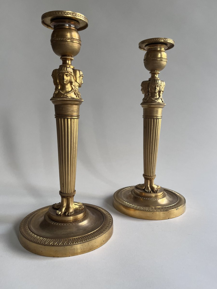 Pair Of "return From Egypt" Candlesticks In Gilded Bronze-photo-4