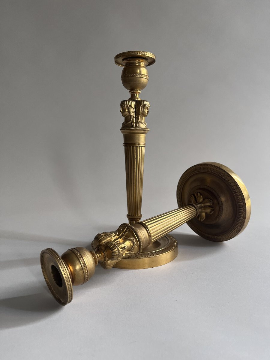Pair Of "return From Egypt" Candlesticks In Gilded Bronze-photo-1