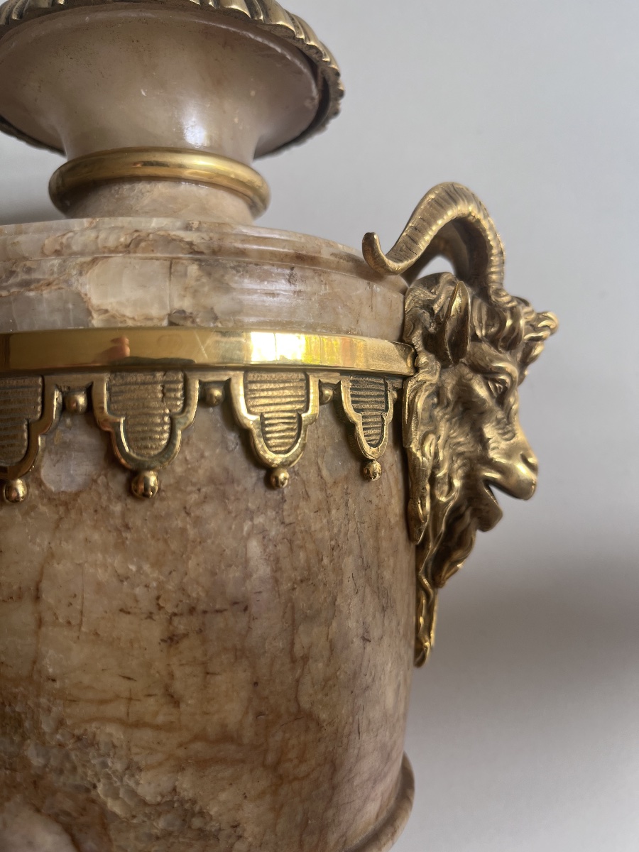 Paire de vases en albâtre et bronze doré de style Louis XVI ( XIX ème)-photo-2