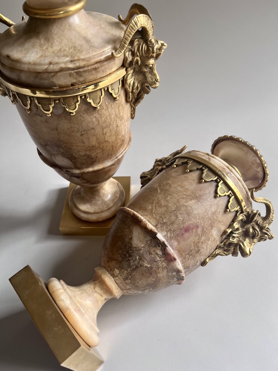 Paire de vases en albâtre et bronze doré de style Louis XVI ( XIX ème)-photo-3