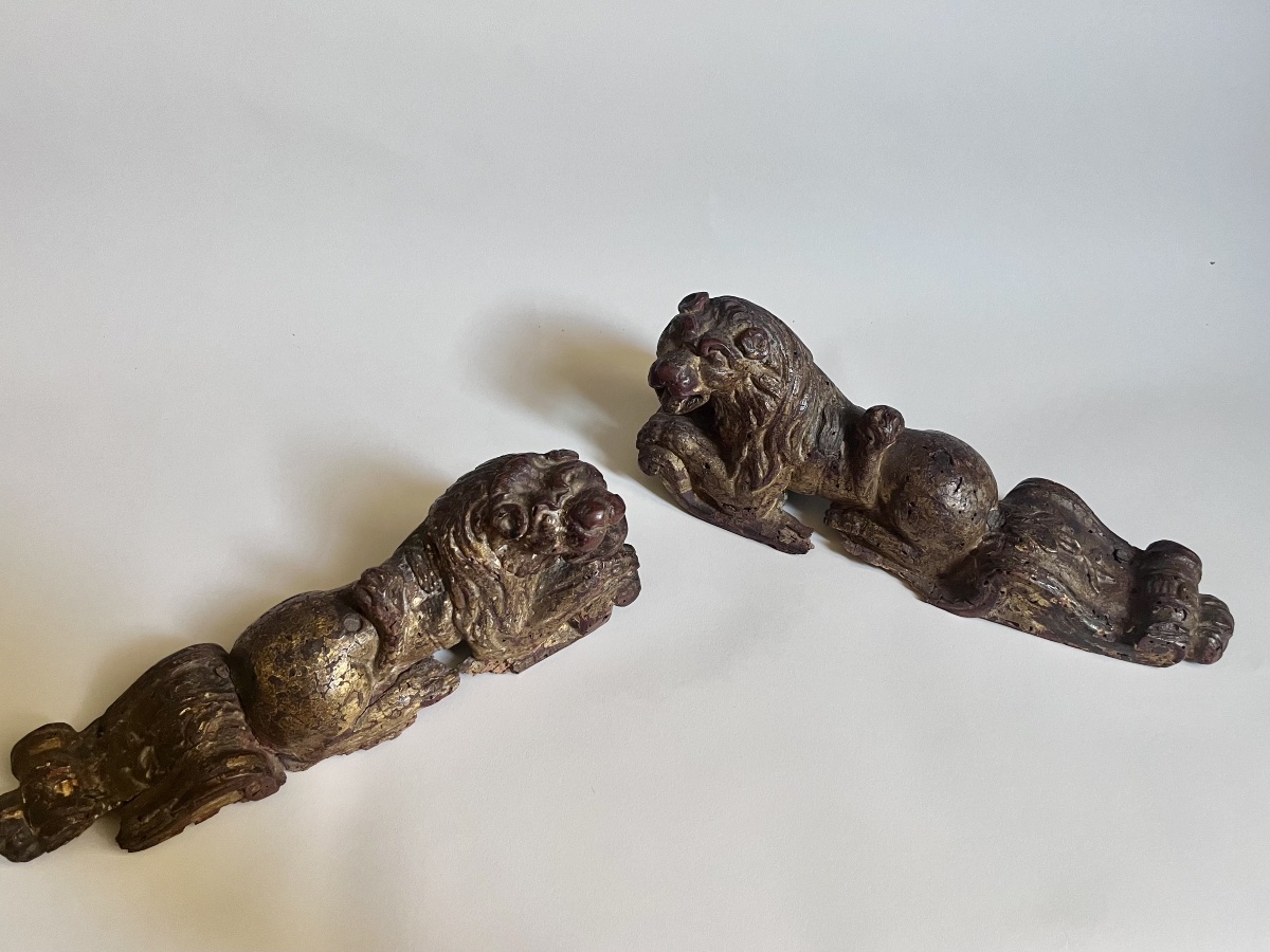 Pair Of Reclining Lions In Gilded Wood, Haute époque, 16th Century -photo-2