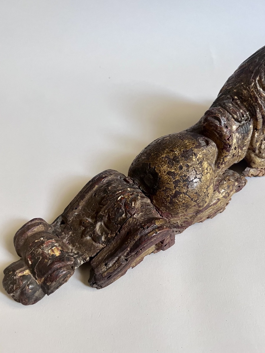Pair Of Reclining Lions In Gilded Wood, Haute époque, 16th Century -photo-4