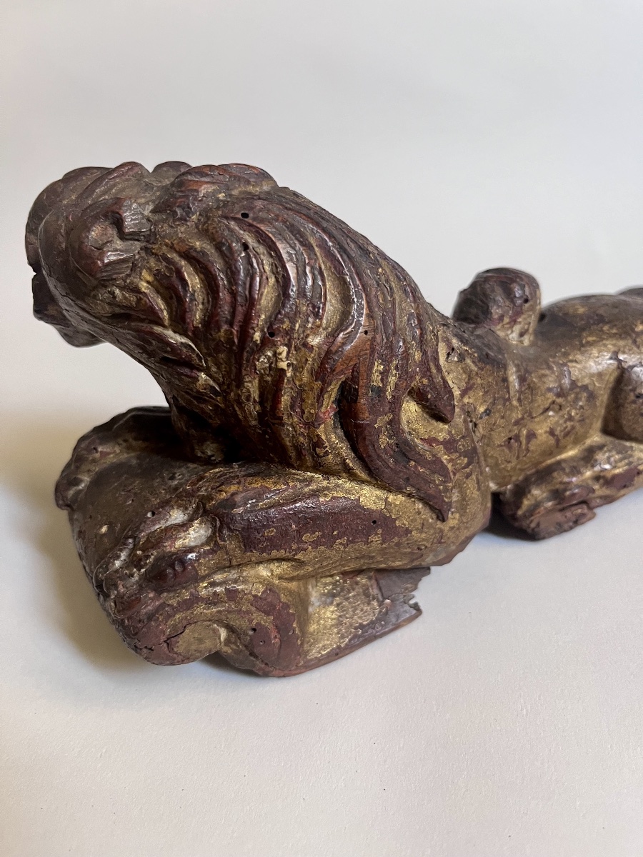 Pair Of Reclining Lions In Gilded Wood, Haute époque, 16th Century -photo-5