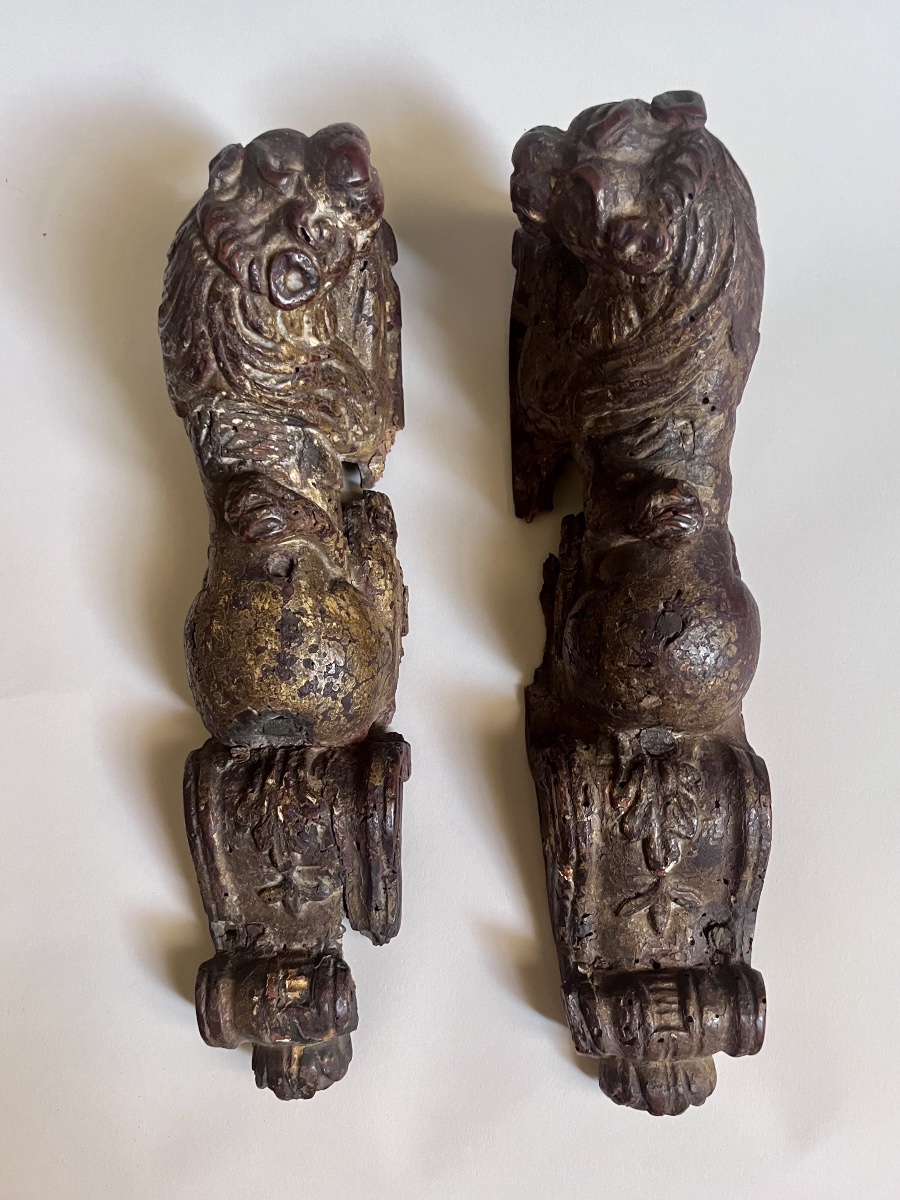 Pair Of Reclining Lions In Gilded Wood, Haute époque, 16th Century -photo-6