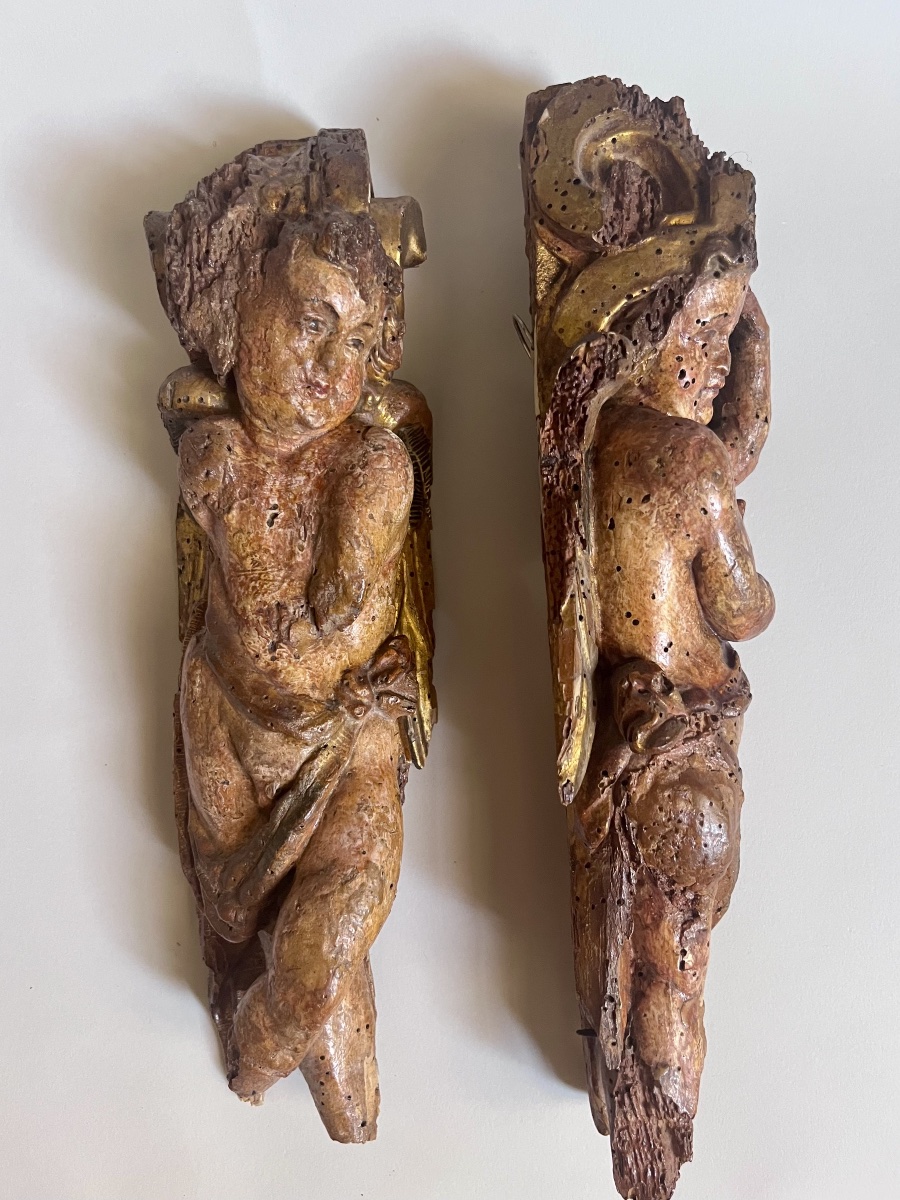 Paire d’anges en terme bois sculpté doré et polychromé XVIème -photo-2