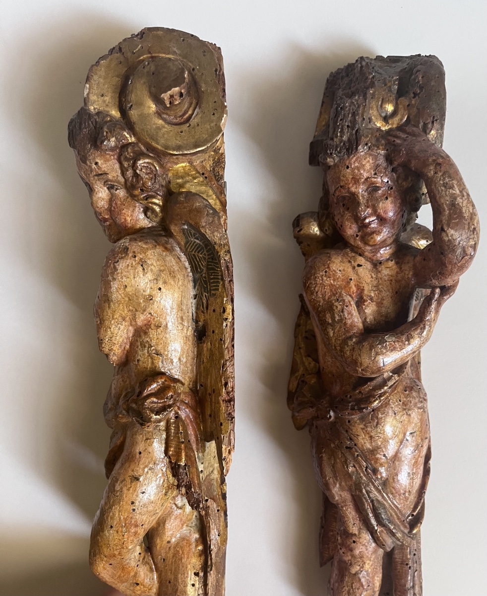 Paire d’anges en terme bois sculpté doré et polychromé XVIème -photo-1