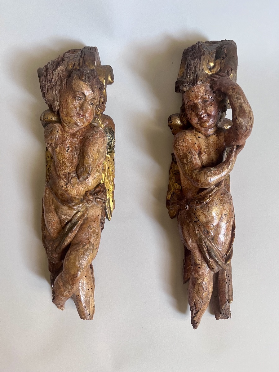 Paire d’anges en terme bois sculpté doré et polychromé XVIème 