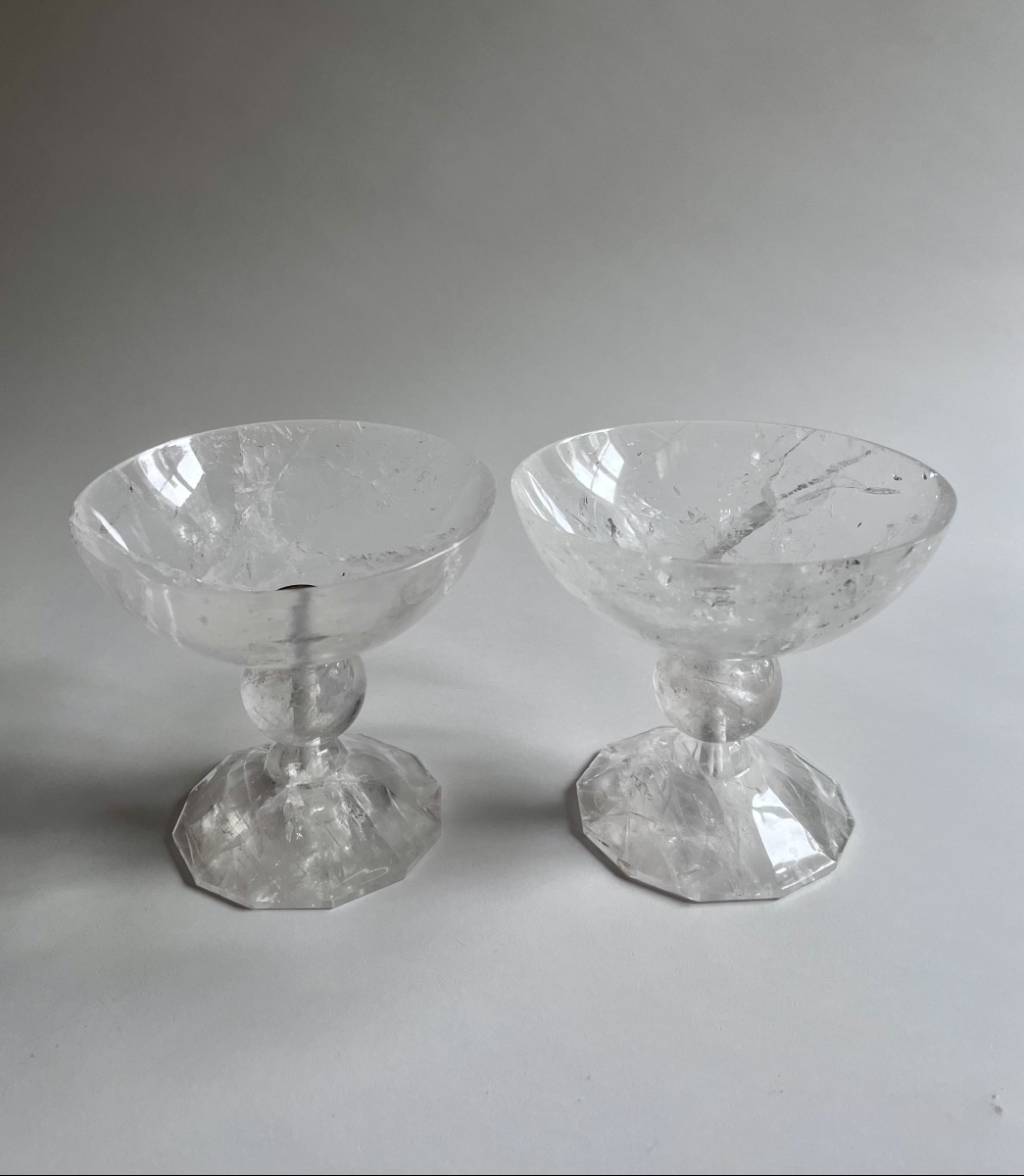 Pair Of Stemmed Glasses Made Of Cut Rock Crystal (modern Craftsmanship)-photo-2