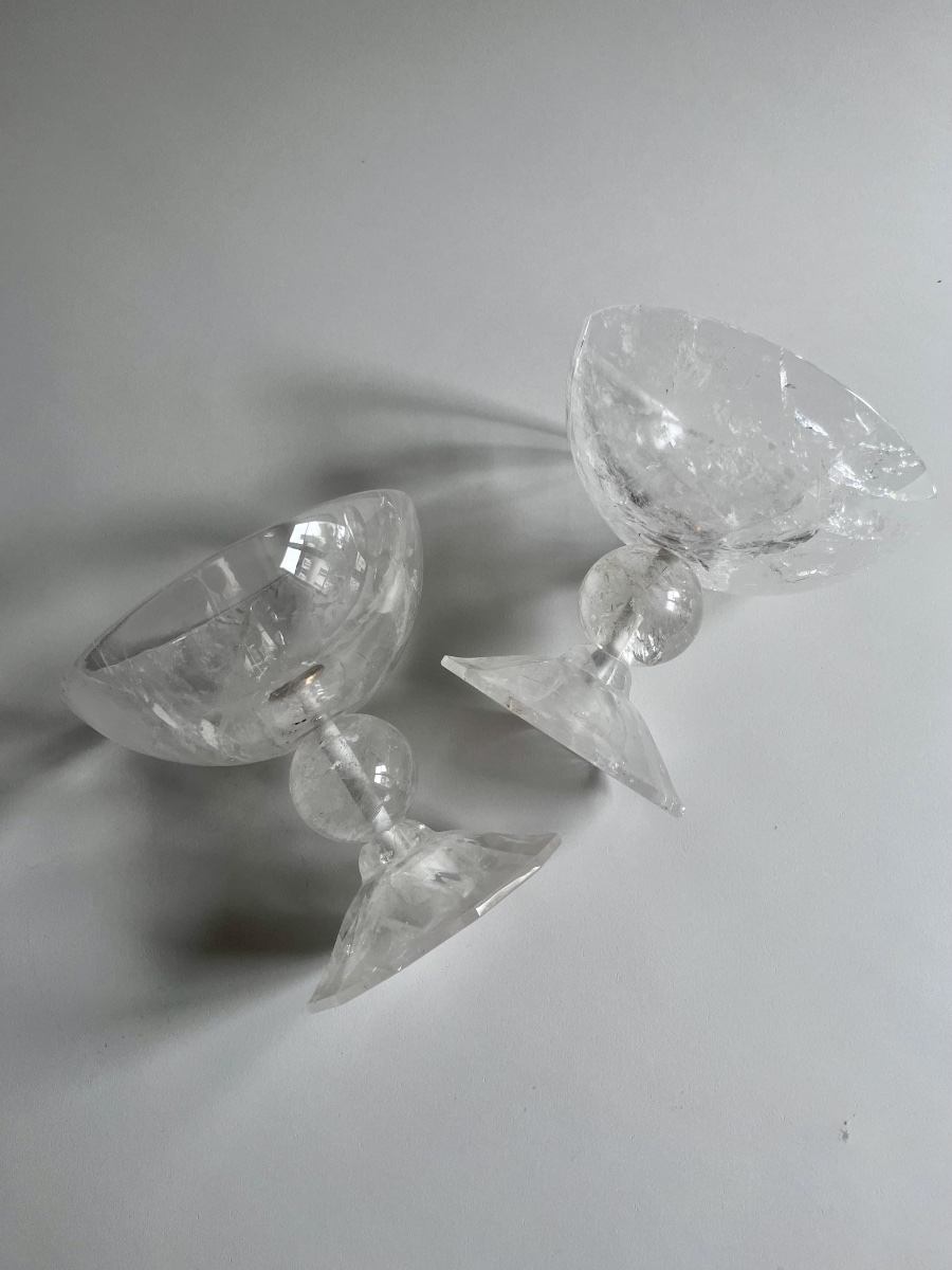 Pair Of Stemmed Glasses Made Of Cut Rock Crystal (modern Craftsmanship)-photo-2
