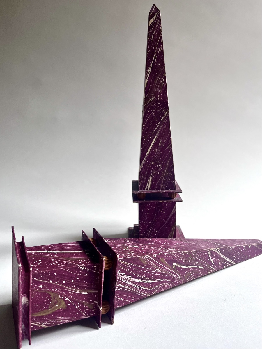 Pair Of Marbled-paper Obelisks, 20th Century-photo-2