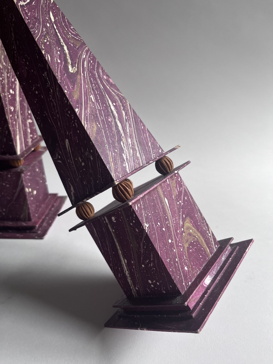 Pair Of Marbled-paper Obelisks, 20th Century-photo-2