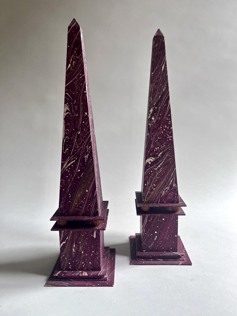Pair Of Marbled-paper Obelisks, 20th Century