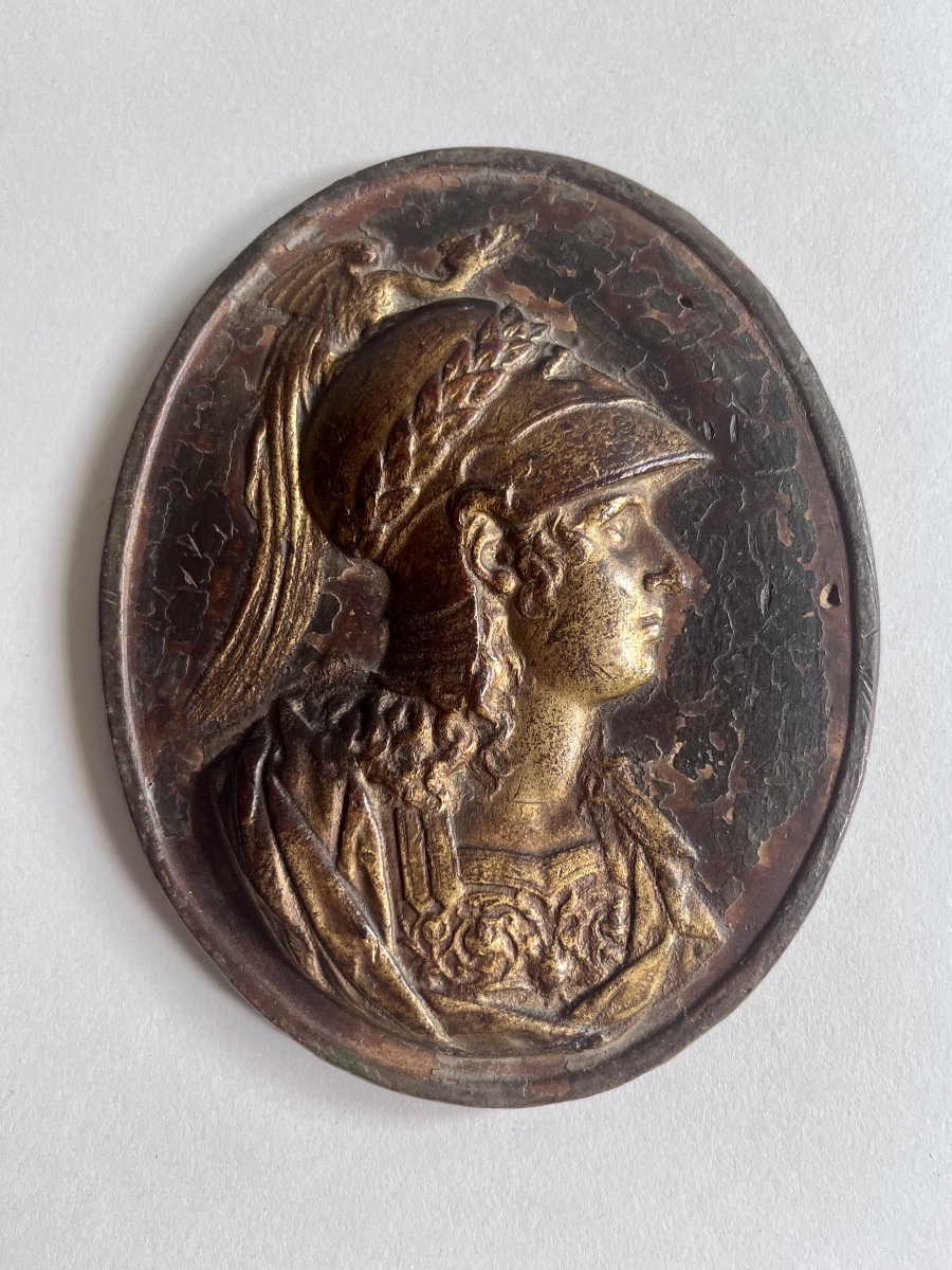 Médaillon ovale en plâtre doré , profil de Minerve/Athena XIXème -photo-4