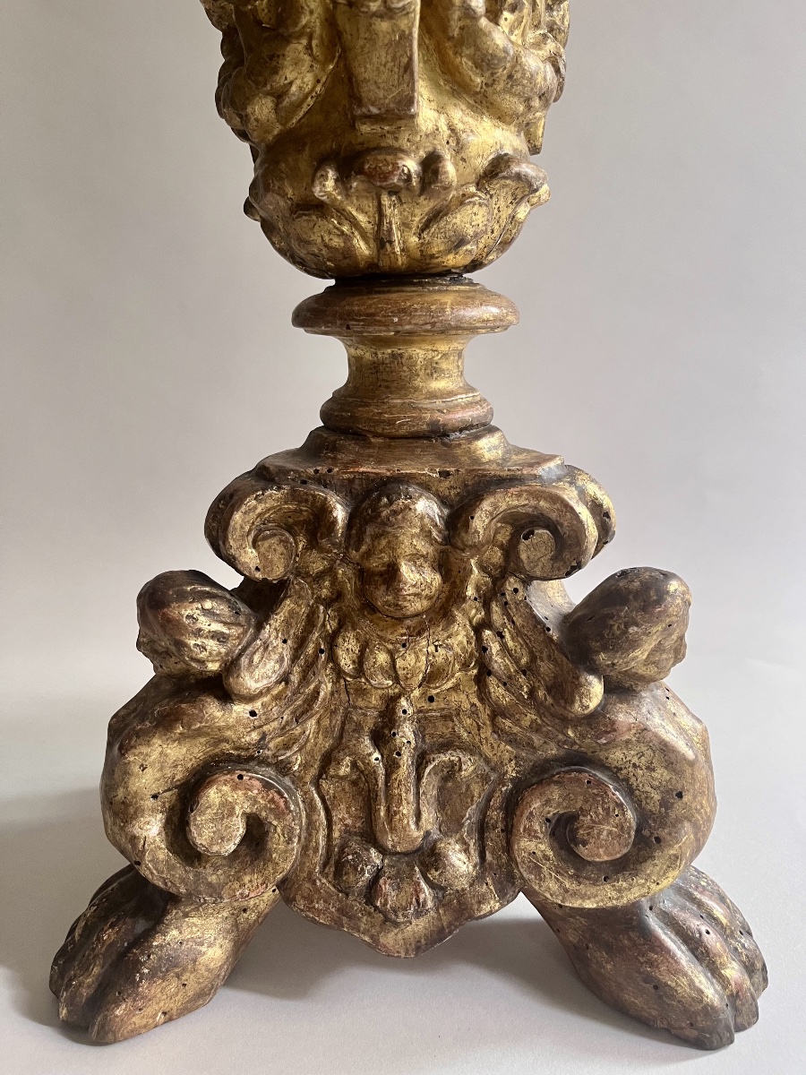 Pair Of Gilded, Carved Wooden Candlesticks From The Louis XIV Period-photo-4