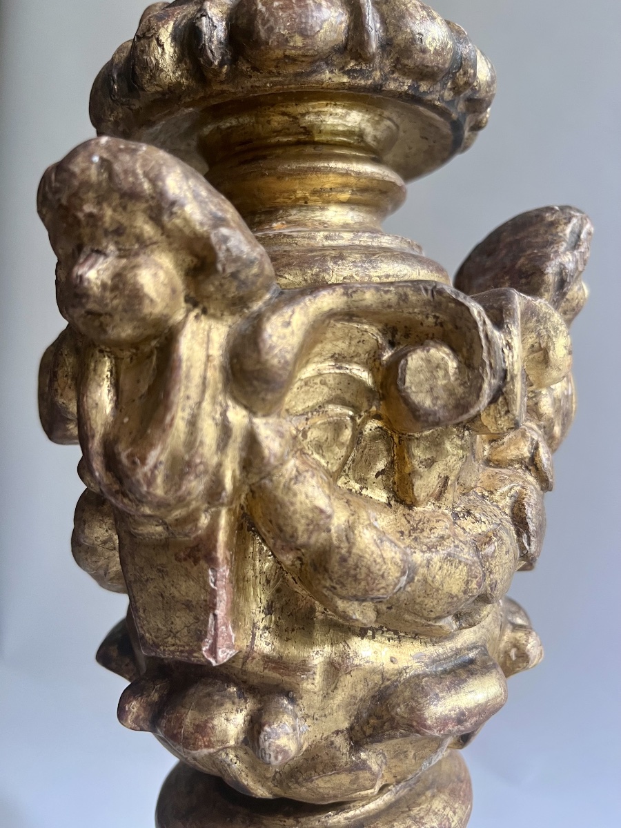 Pair Of Gilded, Carved Wooden Candlesticks From The Louis XIV Period-photo-3