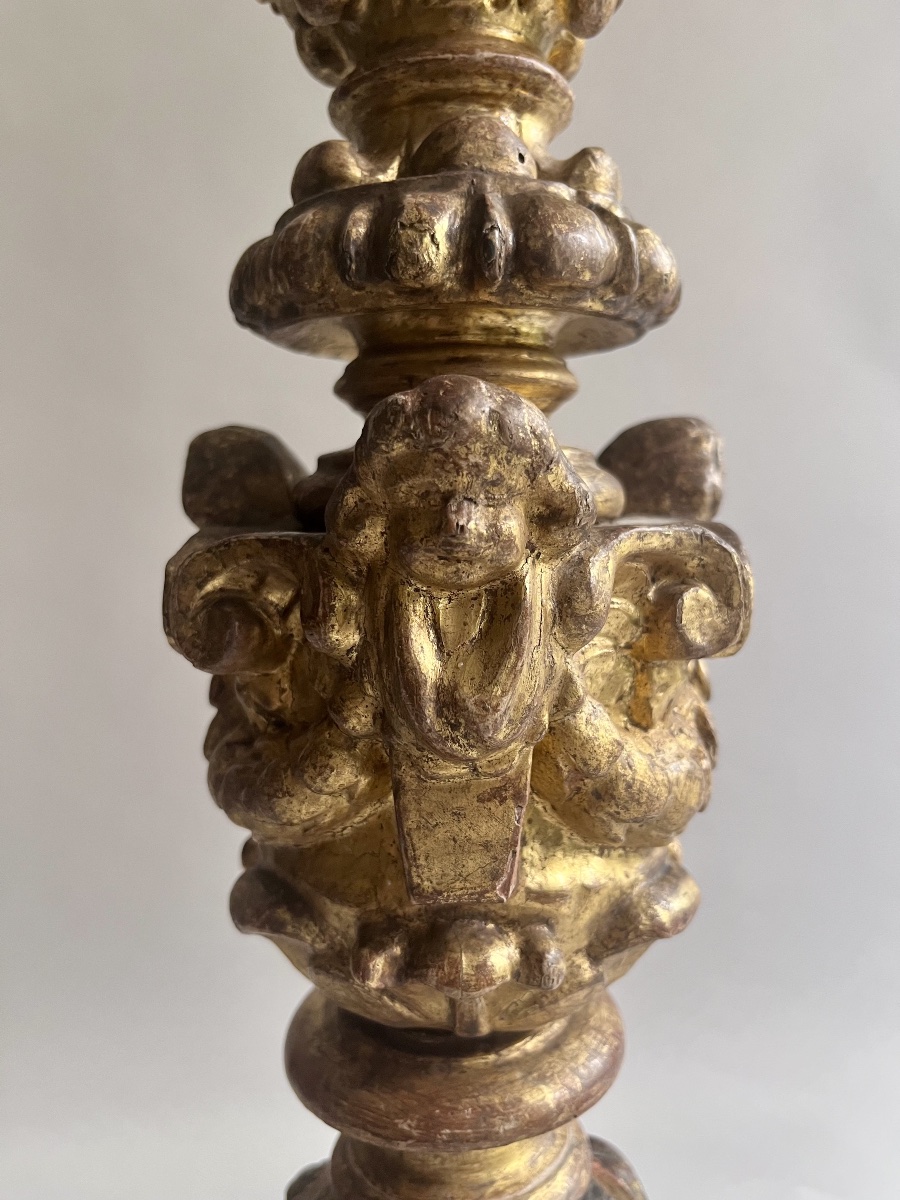 Pair Of Gilded, Carved Wooden Candlesticks From The Louis XIV Period-photo-2