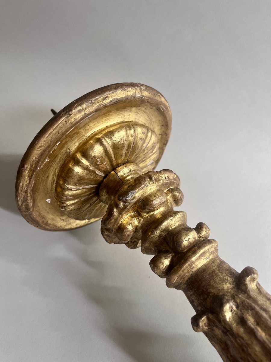 Pair Of Gilded, Carved Wooden Candlesticks From The Louis XIV Period-photo-5