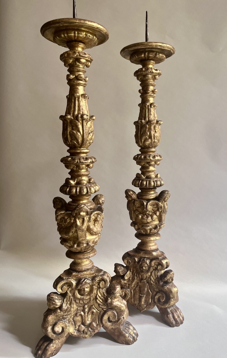 Pair Of Gilded, Carved Wooden Candlesticks From The Louis XIV Period-photo-7