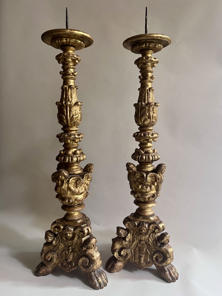 Pair Of Gilded, Carved Wooden Candlesticks From The Louis XIV Period