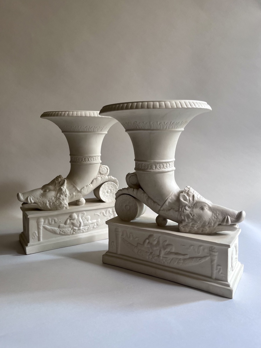 Pair Of Large 19th-century Porcelain Bisque Rhytons With Boar Heads -photo-5