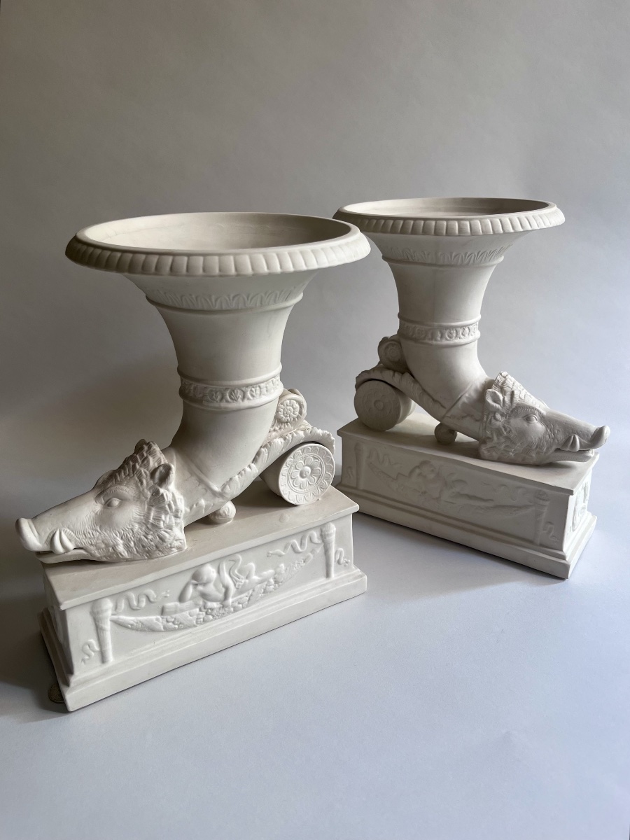 Pair Of Large 19th-century Porcelain Bisque Rhytons With Boar Heads 
