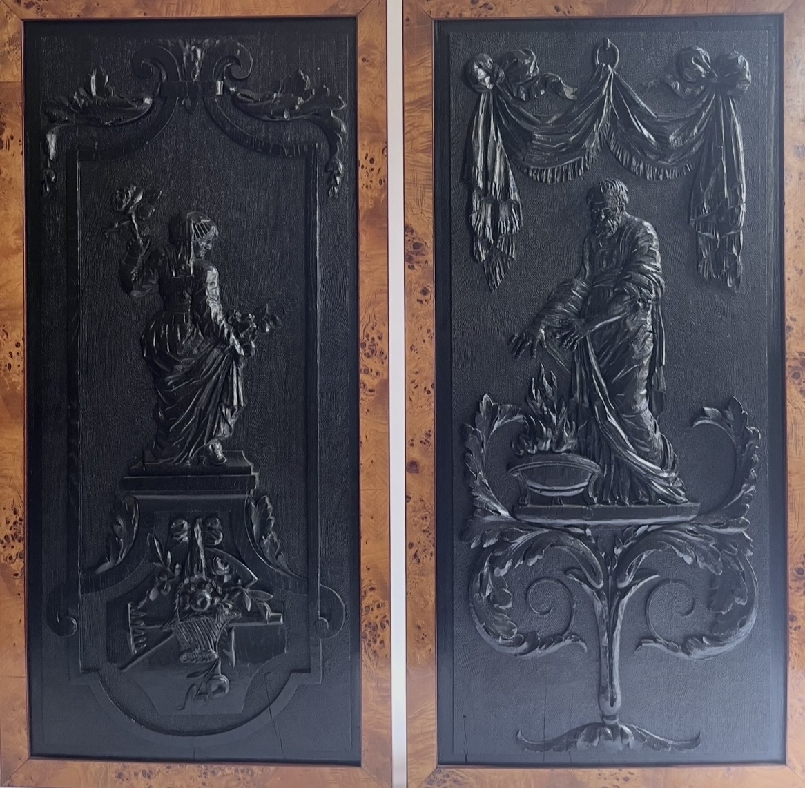 Pair Of Carved Ebony Panels Depicting Allegories Of Spring And Winter, France, 18th Century 