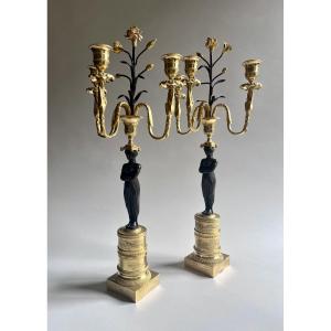 Pair Of “return From Egypt” Candelabra With Bronze Caryatids, Empire Period (1805–1810)