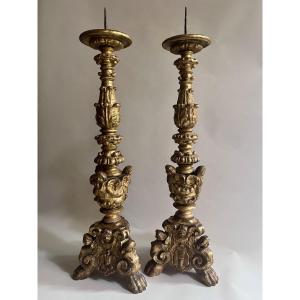 Pair Of Gilded, Carved Wooden Candlesticks From The Louis XIV Period