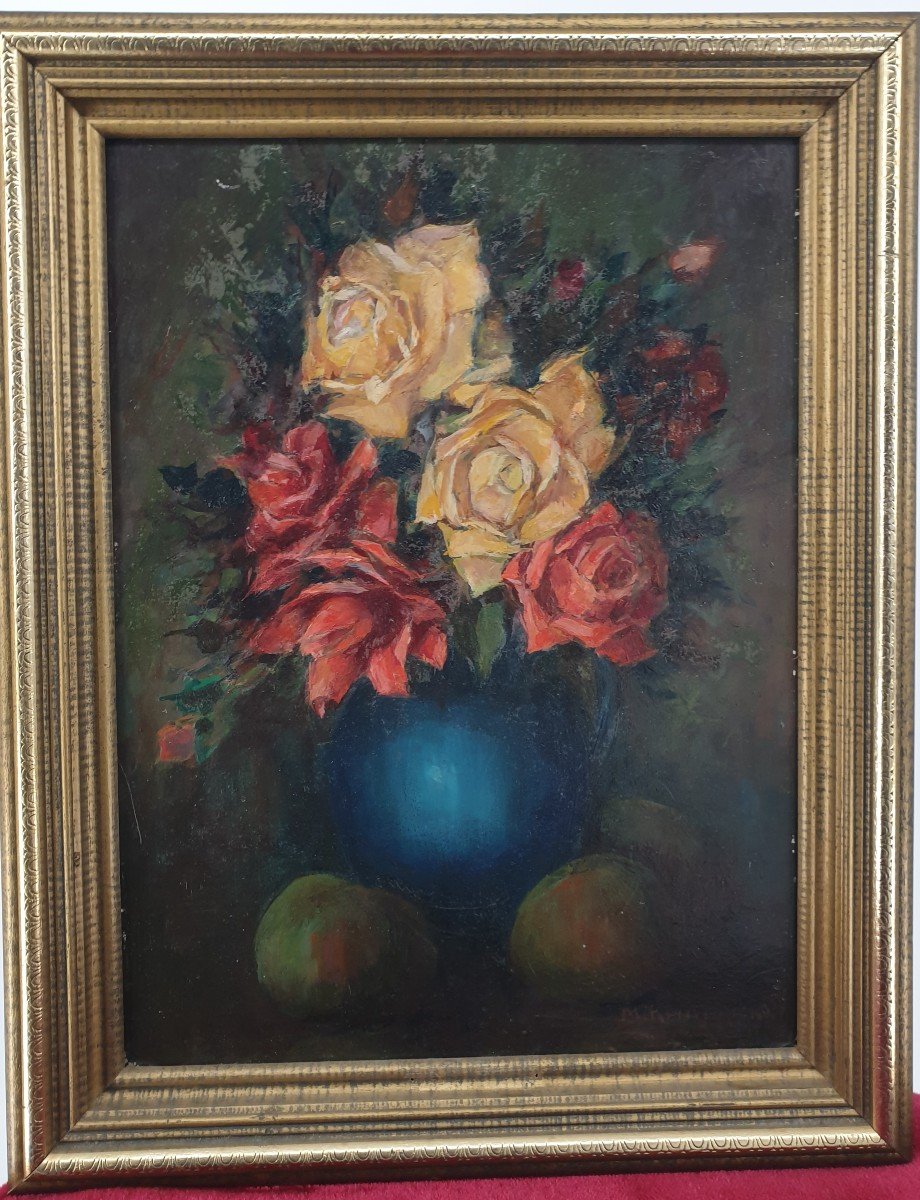 Marcel Keuterickx (1909-?) Bouquet Of Roses With Apples