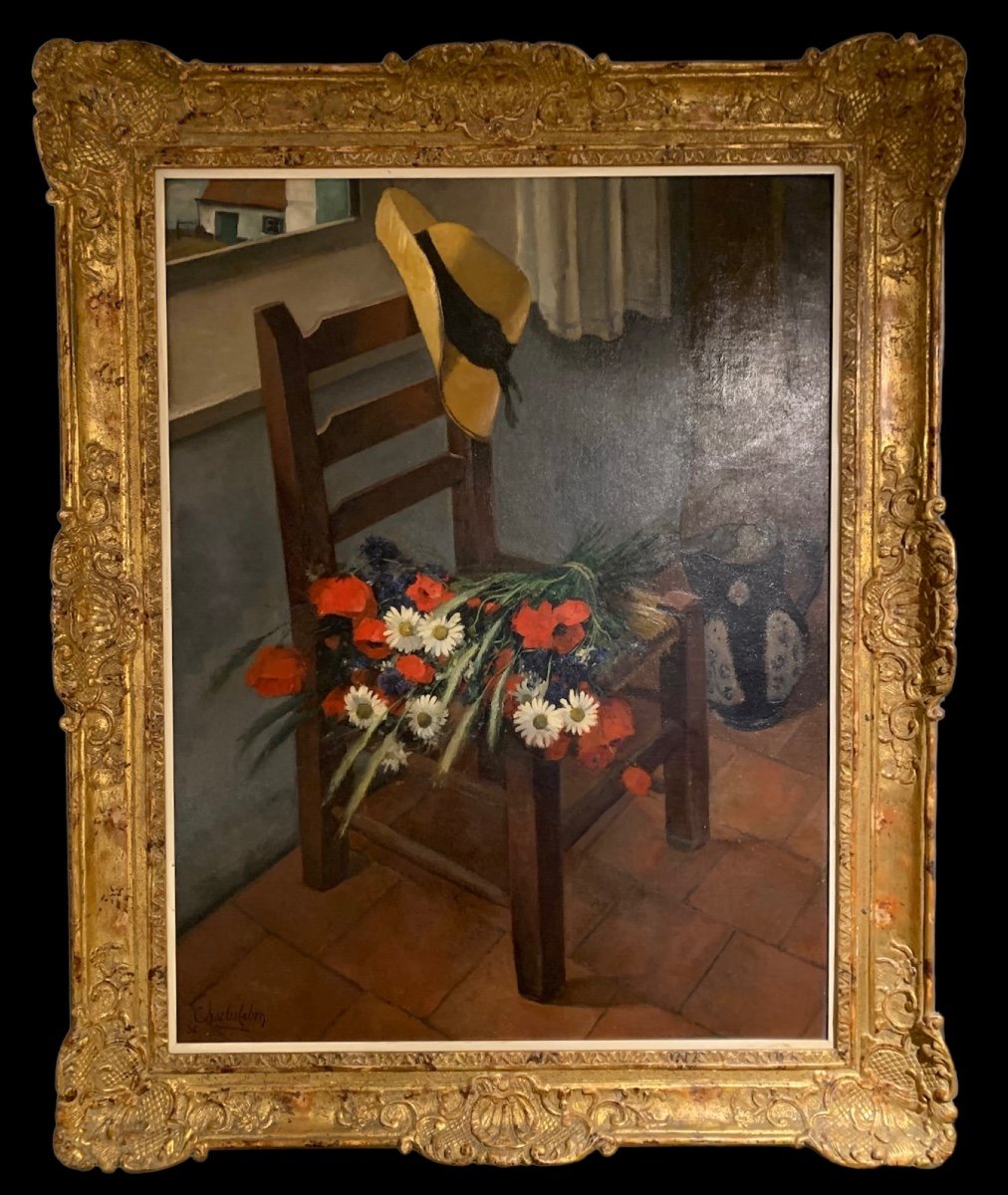 Still Life With A Chair And A Bouquet Of Spring Flowers (charles Lebon 1906-1957)