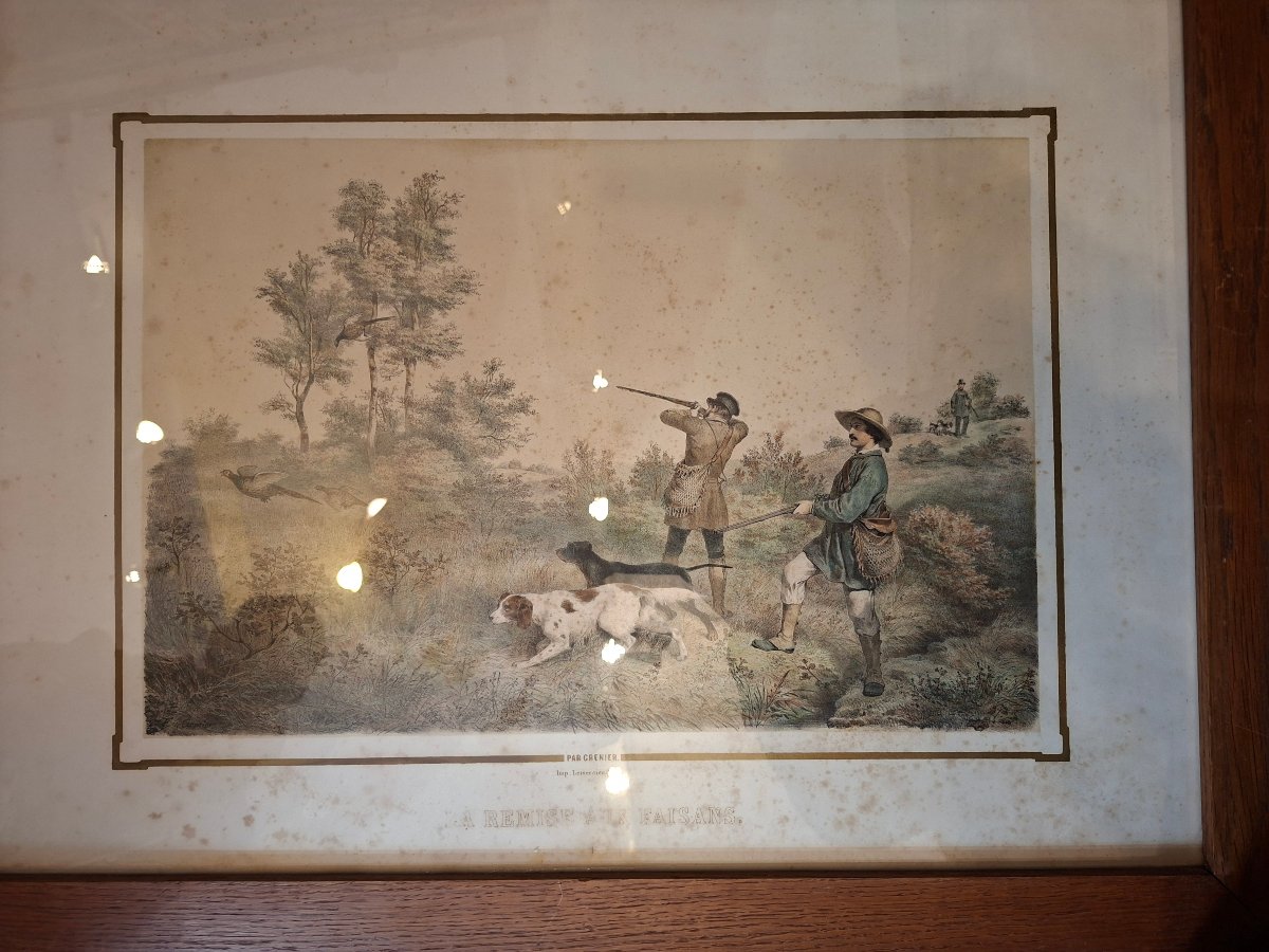 4 Engravings Of Hunting In The Plains: Pheasants, Wolves... 19th Century-photo-3