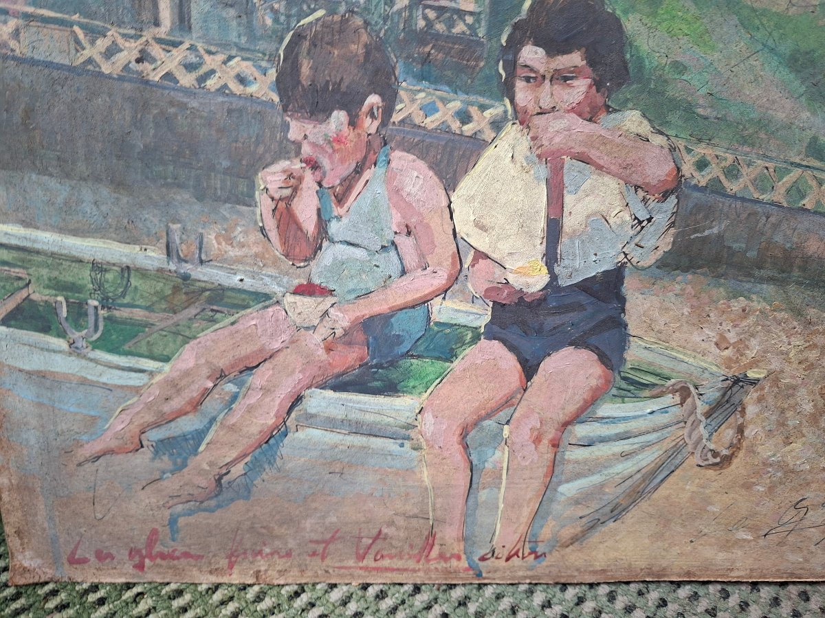 French School: Beach Scene In Gouache, Deauville-cabourg-photo-2