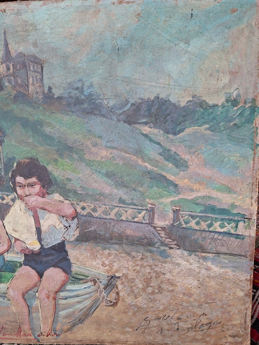 French School: Beach Scene In Gouache, Deauville-cabourg-photo-3