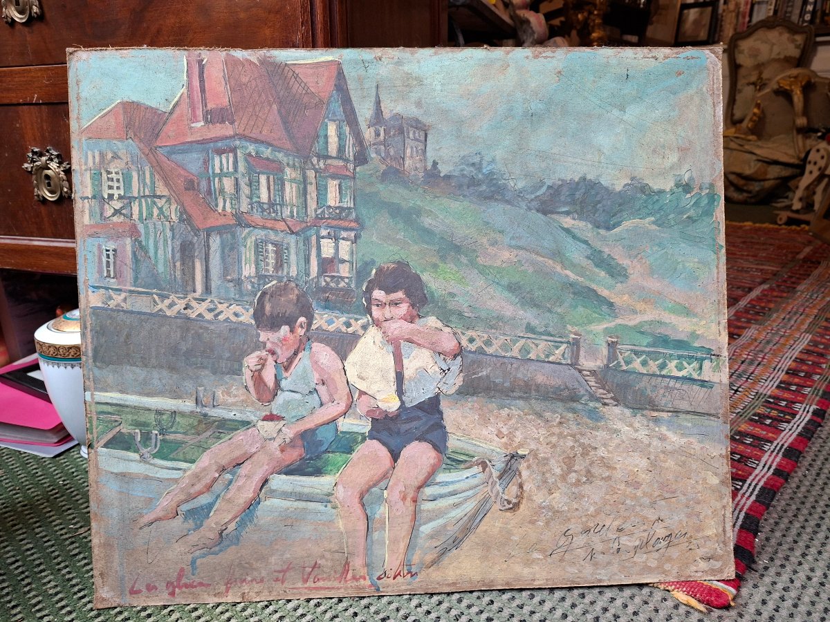 French School: Beach Scene In Gouache, Deauville-cabourg