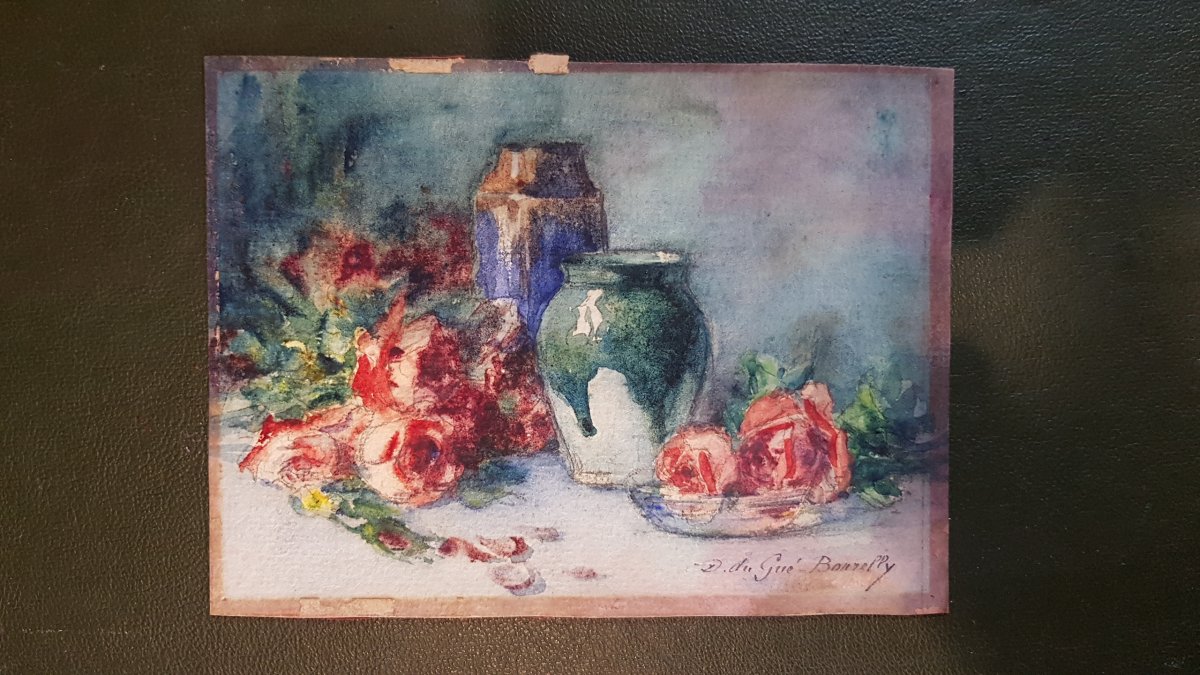 Charming Watercolor On Cardboard Still Life Double Face By M Du Gué Bourelly