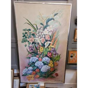 Large Painting Of Flowers By Guiraud Rivière