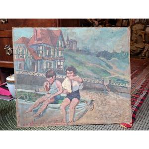French School: Beach Scene In Gouache, Deauville-cabourg