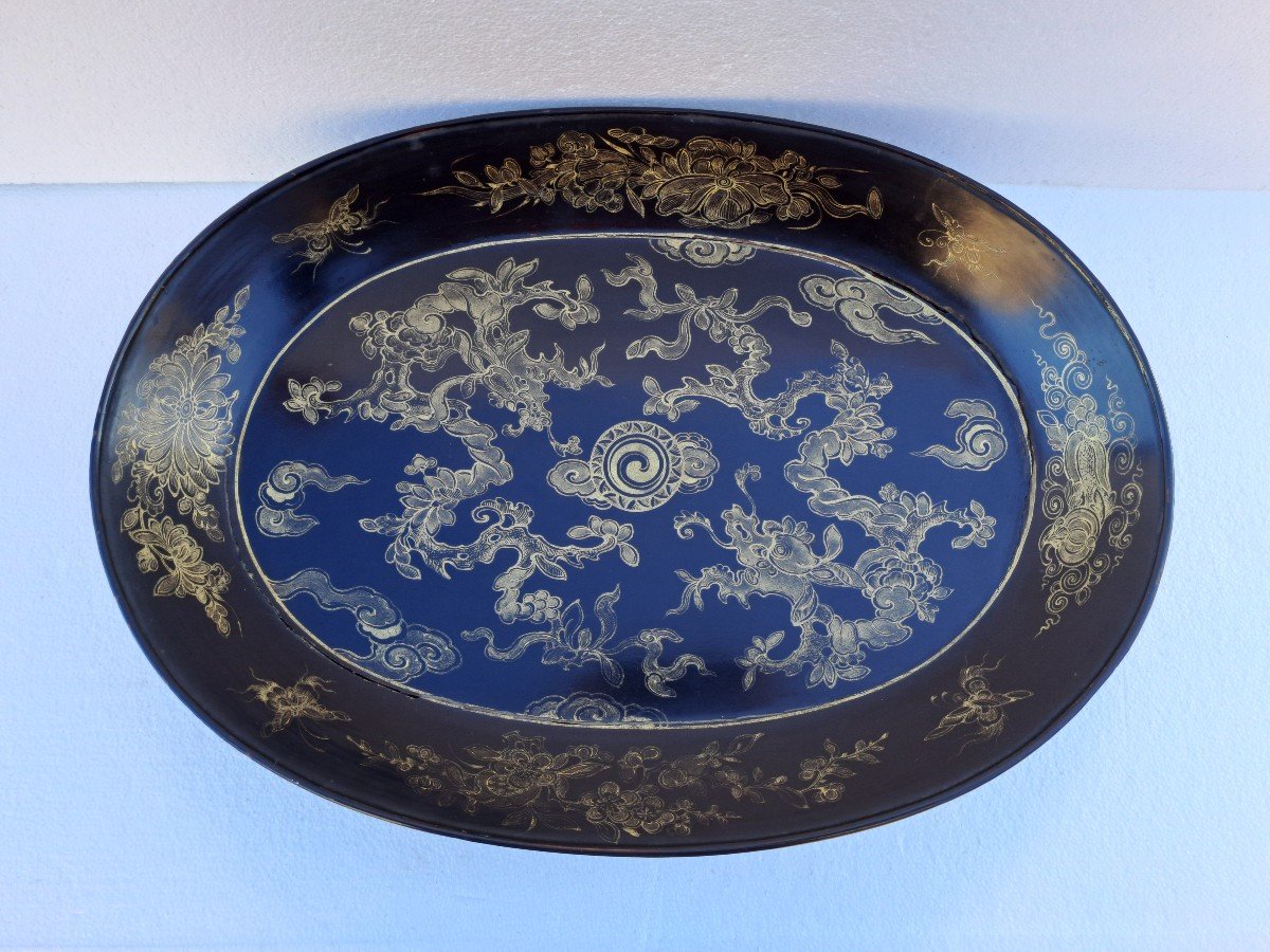 Large Oval Tray In Lacquered And Gilded Wood, China, 19th Century -photo-3